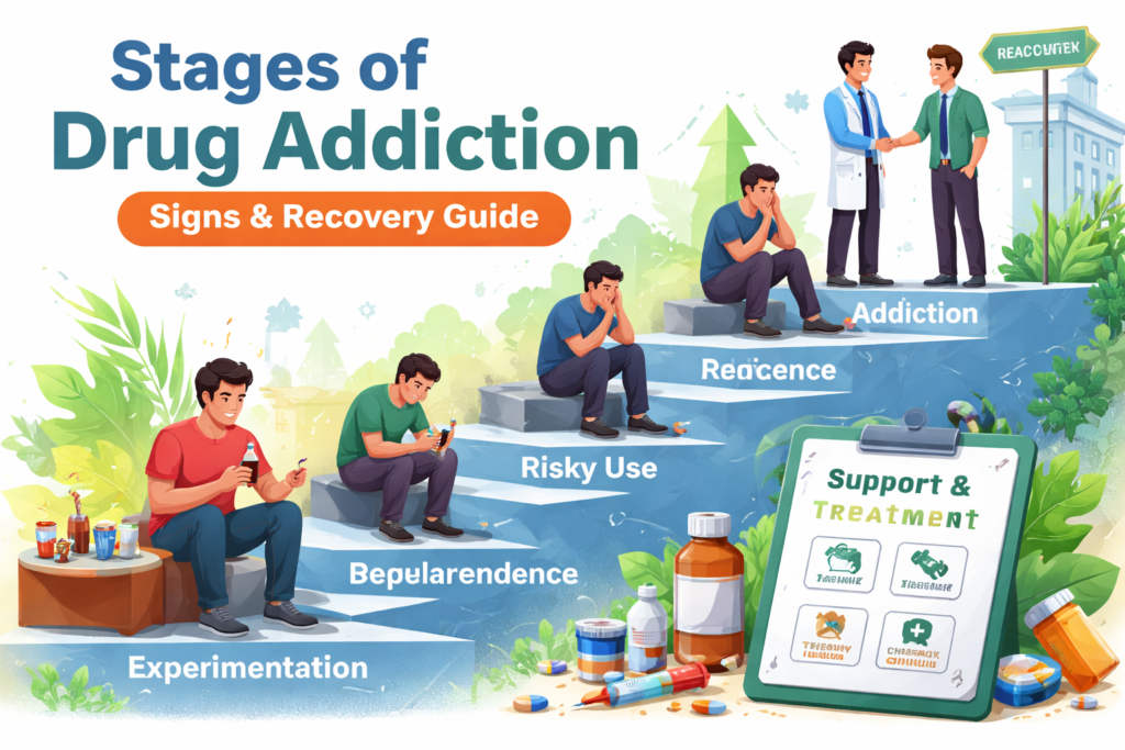 Stages of drug addiction and recovery treatment support in India