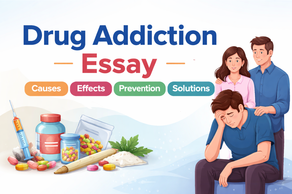 Drug addiction awareness essay showing effects, prevention, and recovery support for students and families