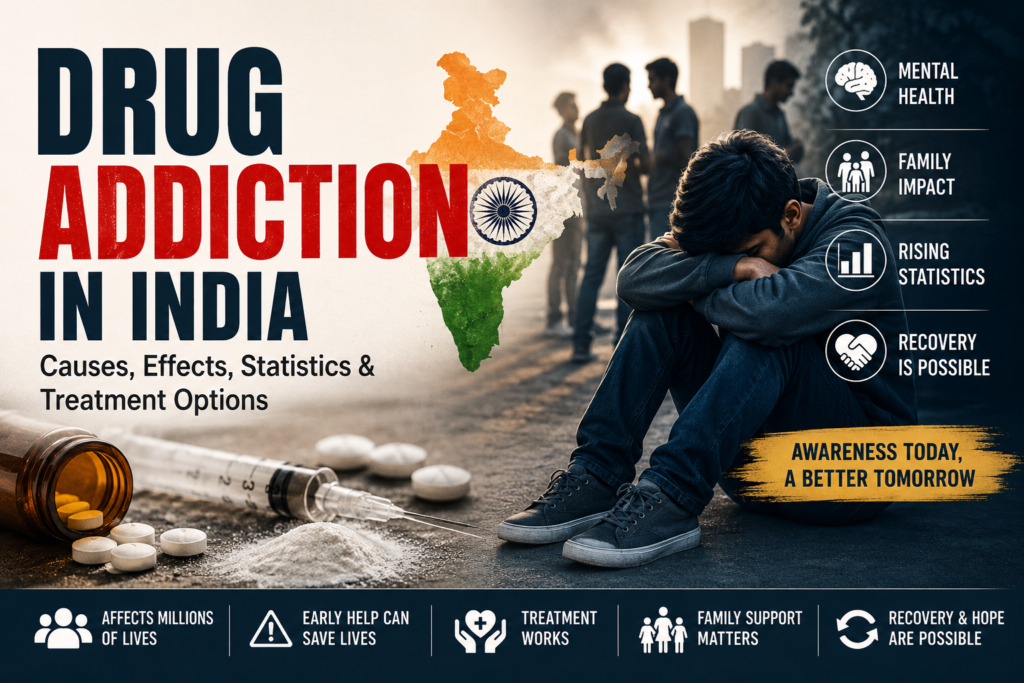 Drug addiction in India awareness banner showing a distressed young man, India map, syringe, pills, and recovery message highlighting causes, effects, statistics, and treatment options.